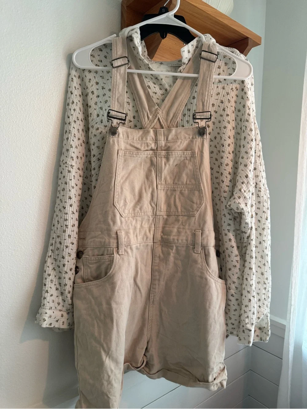Beige Short Overalls Romper with Adjustable Straps